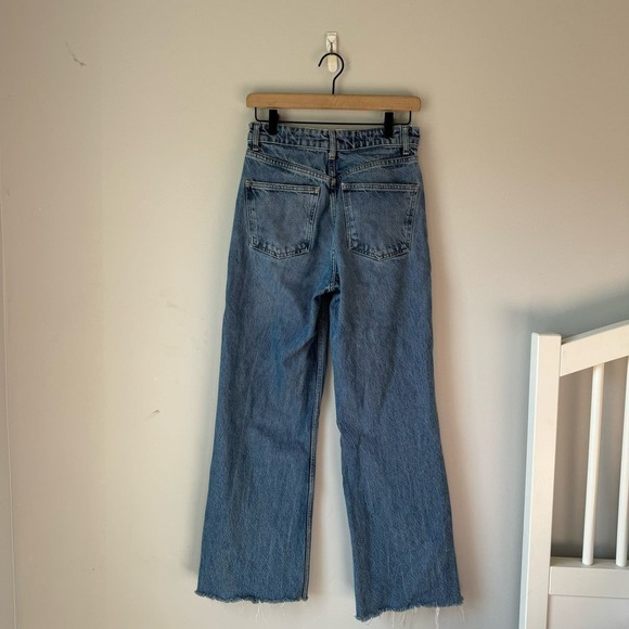 Zara Dark Wash Distressed 100% Cotton Rigid Denim Straight Raw Hem Size 4 - Picture 3 of 3